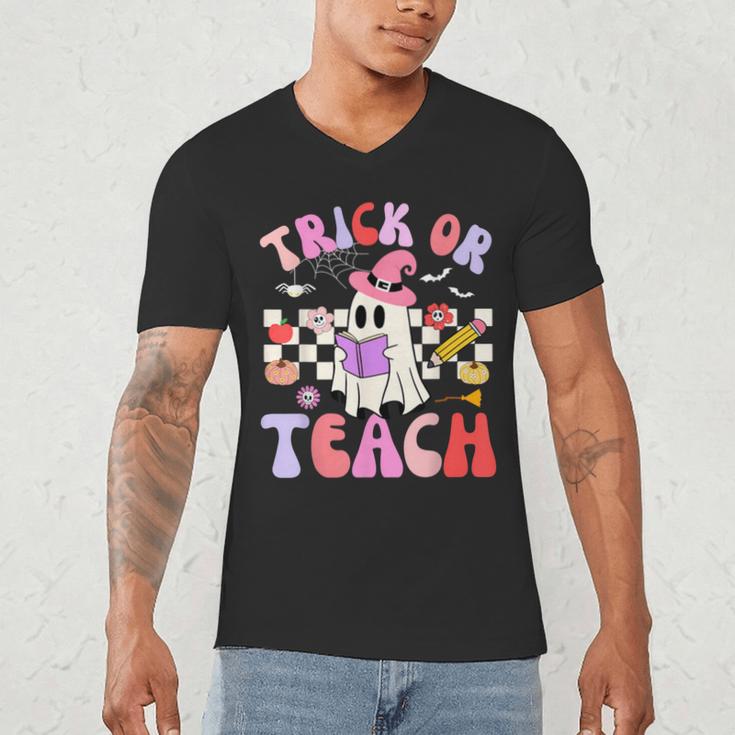 Trick Or Teach Halloween Teacher Floral Ghost Groovy Men's V-Neck T-Shirt, novelty gifts, funny gifts Trick Or Teach Halloween Teacher Floral Ghost Groovy Men's V-Neck T-Shirt, novelty gifts, funny gifts