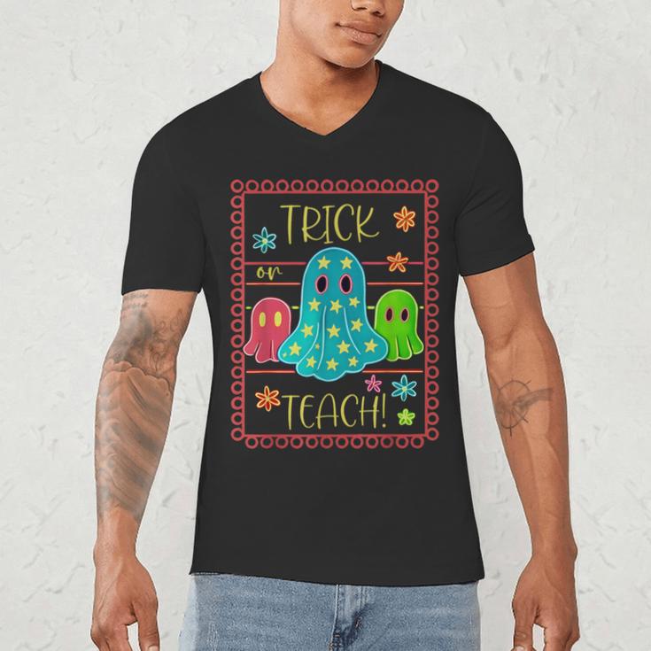 Trick Or Teach Neon Ghost Flower Teacher Spooky Halloween Men's V-Neck T-Shirt, novelty gifts, funny gifts