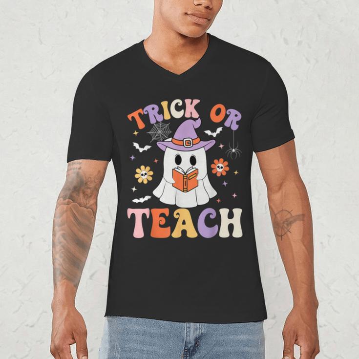 Trick Or Teach Teacher Groovy Ghost Halloween Teacher Men's V-Neck T-Shirt, novelty gifts, funny gifts
