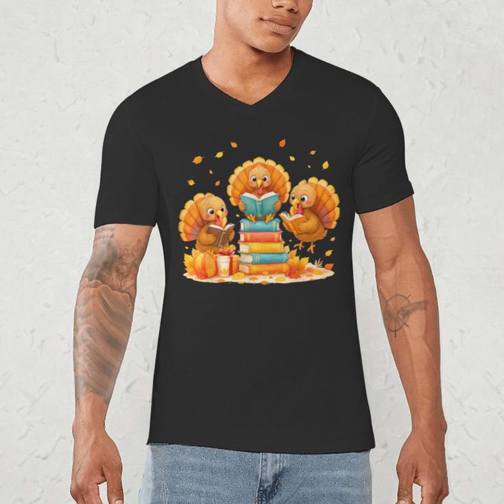 Turkey Read Books Reading Fall Thanksgiving Teacher Men's V-Neck T-Shirt, novelty gifts, funny gifts