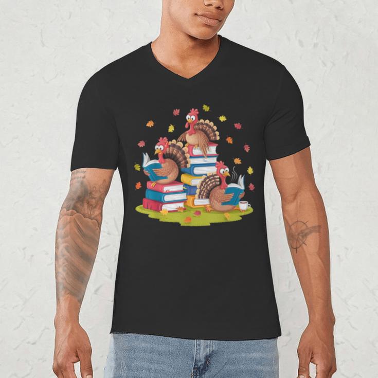 Turkey Reading Books Fall Season Thanksgiving Teacher Book Men's V-Neck T-Shirt, novelty gifts, funny gifts