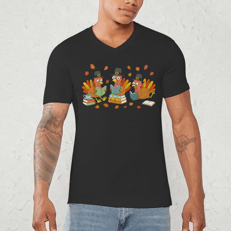 Turkey Reading Books Fall Thanksgiving Teacher Student Men's V-Neck T-Shirt, novelty gifts, funny gifts