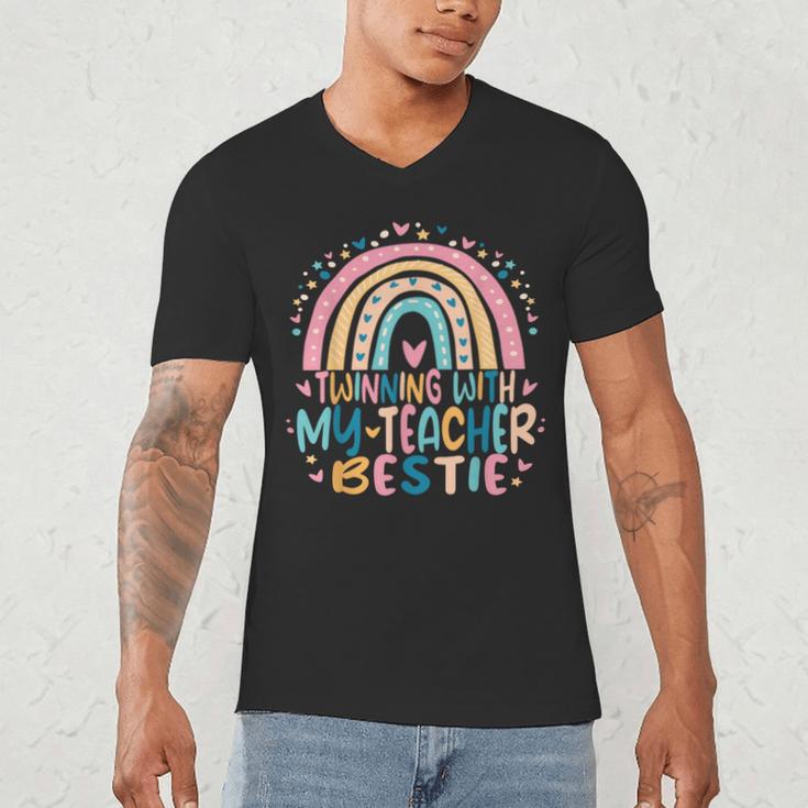 Twinning With My Teacher Bestie Rainbow Matching Teachers Men's V-Neck T-Shirt, novelty gifts, funny gifts