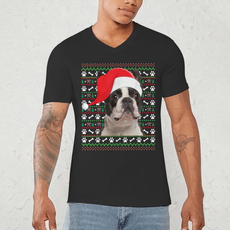 Ugly Xmas Sweater Santa Boston Terrier Dog Christmas For Men Women Kids Men's V-Neck T-Shirt, novelty gifts, funny gifts