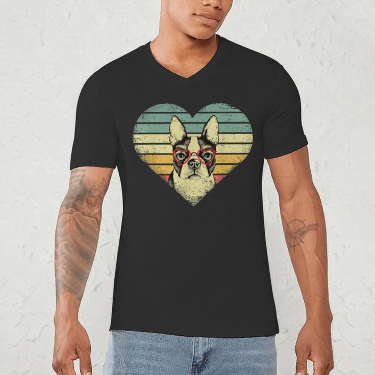 Vintage American Boston Terrier Lovers Valentine's Day Men's V-Neck T-Shirt, novelty gifts, funny gifts