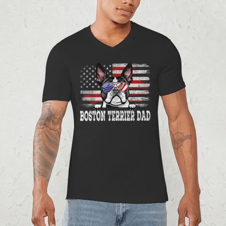 Vintage Boston Terrier Dad American Flag Father's Day Men's V-Neck T-Shirt, novelty gifts, funny gifts