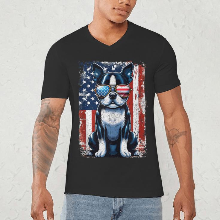 Vintage Boston Terrier Dog American USA US Flag Pets Lovers Men's V-Neck T-Shirt, novelty gifts, funny gifts