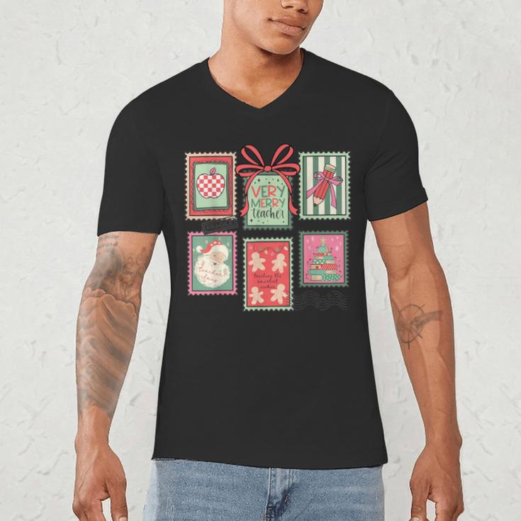 Vintage Preppy Very Merry Teacher Santa Stamps Christmas Men's V-Neck T-Shirt, novelty gifts, funny gifts