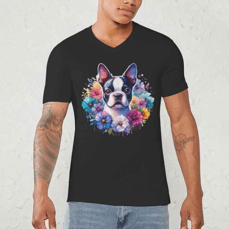 Watercolor Floral Boston Terrier Mama Dog Lover Mother's Day Men's V-Neck T-Shirt, novelty gifts, funny gifts