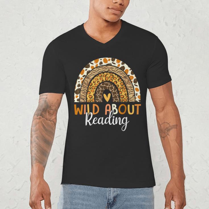 Wild About Reading Teacher Back To School Leopard Rainbow Men's V-Neck T-Shirt, novelty gifts, funny gifts