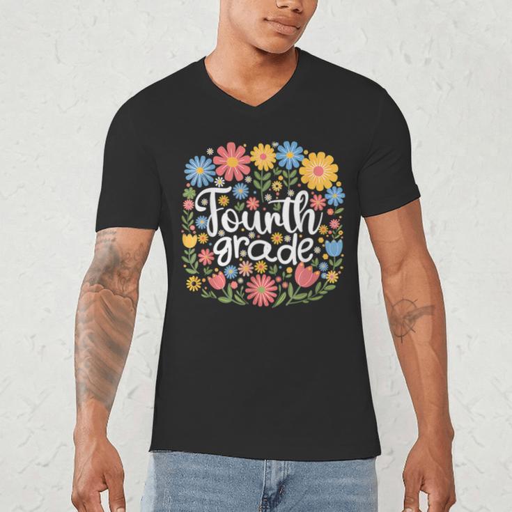 Wildflower 4th Fourth Grade Floral Back To School Teacher Men's V-Neck T-Shirt, novelty gifts, funny gifts