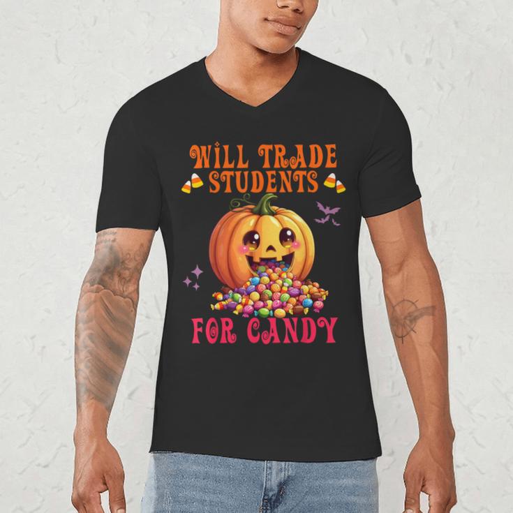 Will Trade Students For Candy Teacher Cute Halloween Pumpkin Men's V-Neck T-Shirt, novelty gifts, funny gifts Will Trade Students For Candy Teacher Cute Halloween Pumpkin Men's V-Neck T-Shirt, novelty gifts, funny gifts