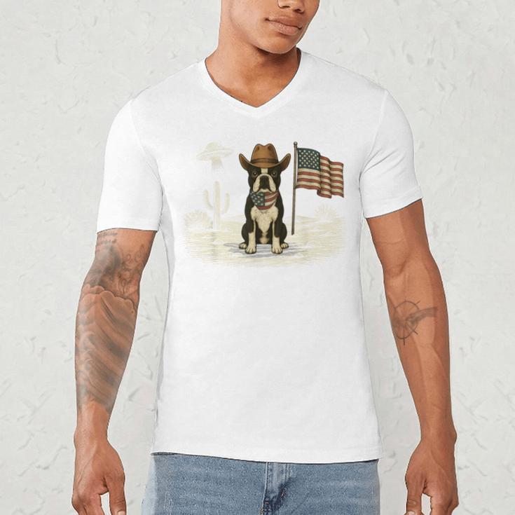 Boston Terrier 4th Of July US American Flag Dog Patriotic Men's V-Neck T-Shirt, novelty gifts, funny gifts