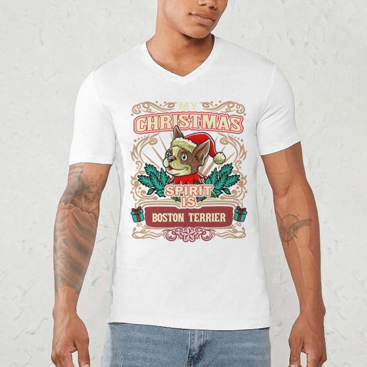 Boston Terrier My Christmas Spirit Dog Santa Claus X-Mas Men's V-Neck T-Shirt, novelty gifts, funny gifts