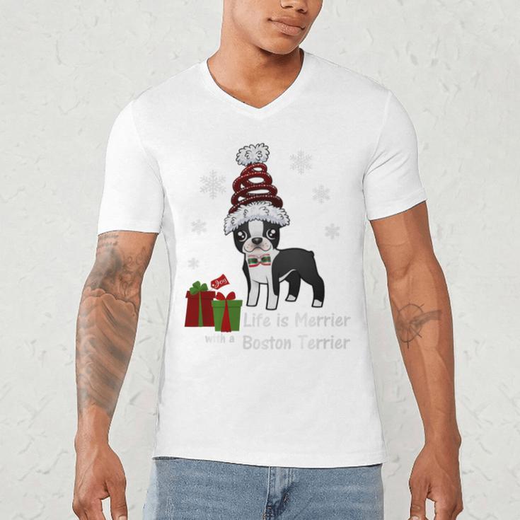 Boston Terrier Christmas T Shirt-Life Is Merrier Premium Tri-Blend Men's V-Neck T-Shirt, novelty gifts, funny gifts