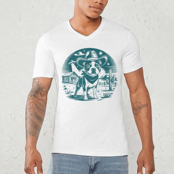 Boston Terrier Cowboy UFO Shirt Vintage Western Dog Mom Tee Men's V-Neck T-Shirt, novelty gifts, funny gifts