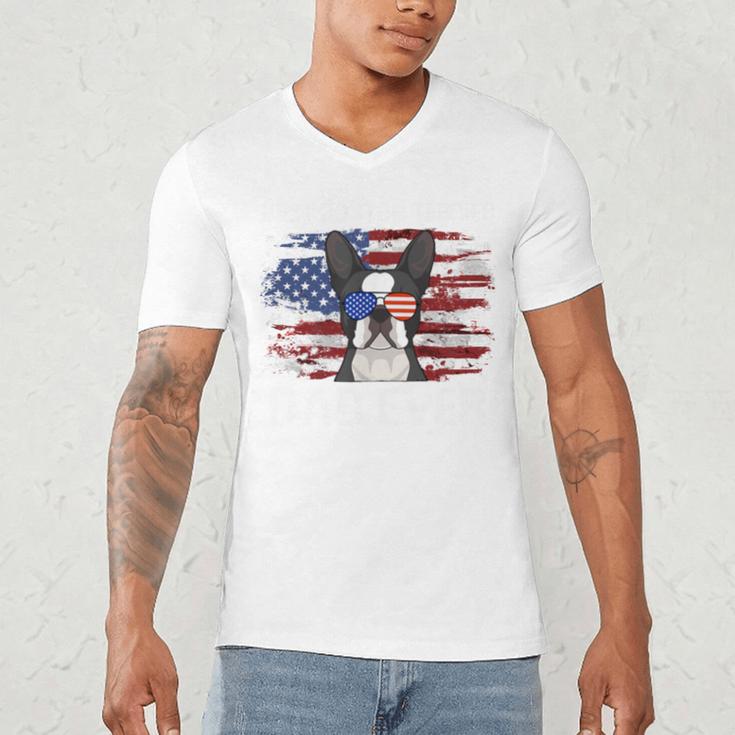 Boston Terrier Dad American Flag 4th Of July Dog Fathers Day Men's V-Neck T-Shirt, novelty gifts, funny gifts