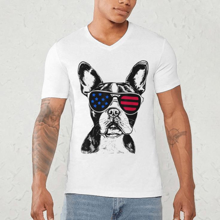 Boston Terrier Dog 4th July America USA Flag Men Women Kids Men's V-Neck T-Shirt, novelty gifts, funny gifts