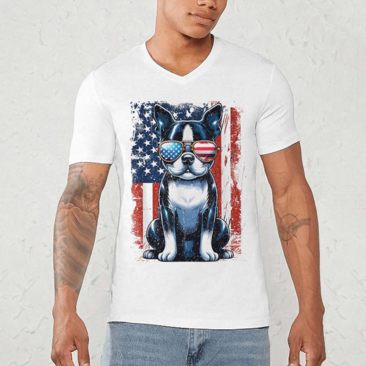 Boston Terrier Dog American USA US Flag Pets Vintage Outfit Men's V-Neck T-Shirt, novelty gifts, funny gifts