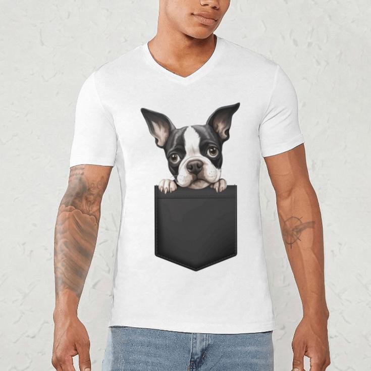 Boston Terrier Dog Puppy Dog In Pocket Cute Pet Lover Men's V-Neck T-Shirt, novelty gifts, funny gifts