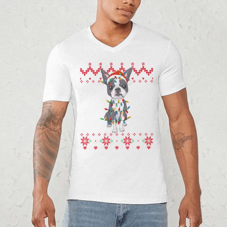 Boston Terrier Dog Santa Hat Men Kids Ugly Christmas Light Men's V-Neck T-Shirt, novelty gifts, funny gifts