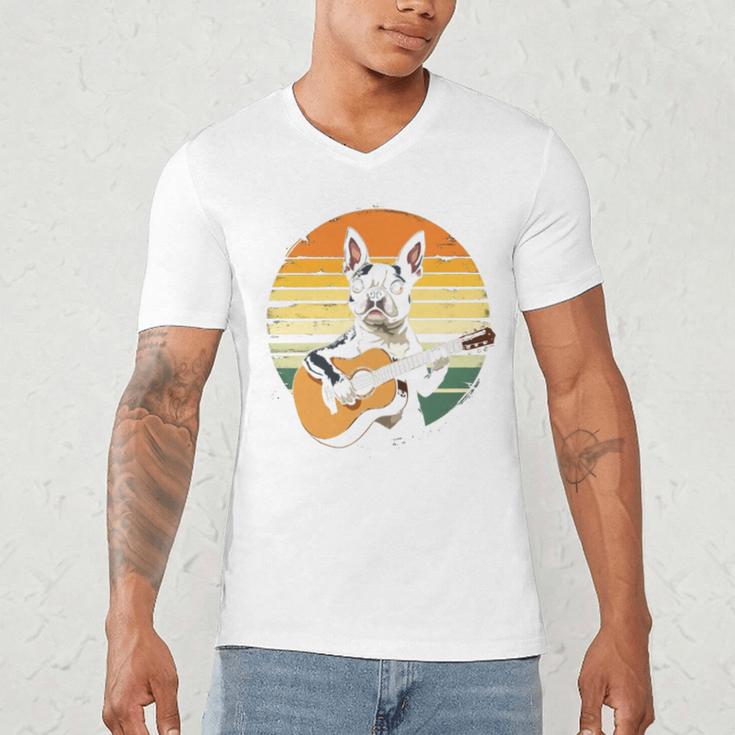Boston Terrier Guitar Retro Men's V-Neck T-Shirt, novelty gifts, funny gifts