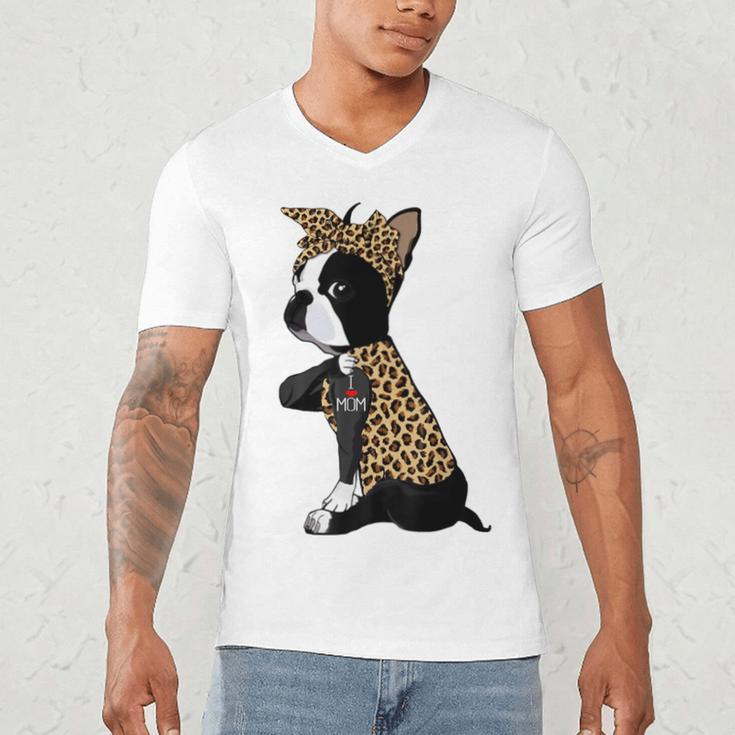 Boston Terrier Lover I Love Mom Tattoo Leopard Men's V-Neck T-Shirt, novelty gifts, funny gifts