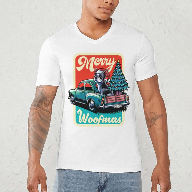 Boston Terrier Merry Christmas Tree Truck Santa Dog X-Mas Men's V-Neck T-Shirt, novelty gifts, funny gifts