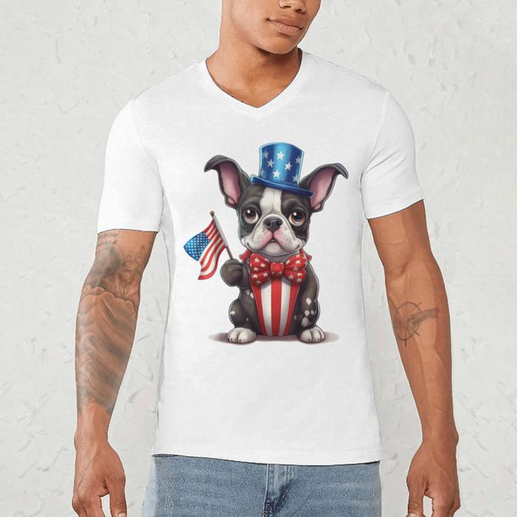 Boston Terrier Puppy Dog Holds His American Flag 4th Of July Men's V-Neck T-Shirt, novelty gifts, funny gifts