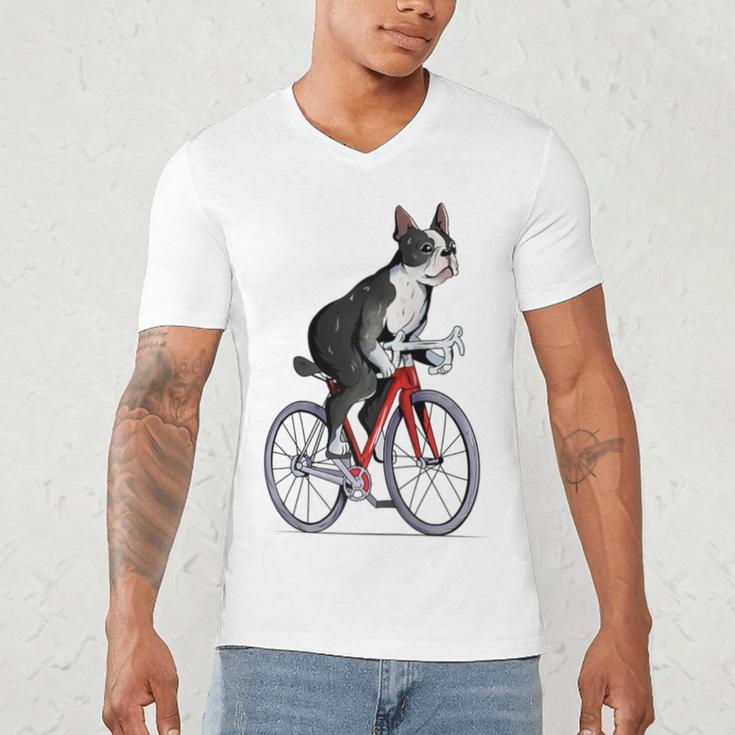Boston Terrier Riding Bicycle Cute Bostie Biker Raglan Baseball Tee Men's V-Neck T-Shirt, novelty gifts, funny gifts