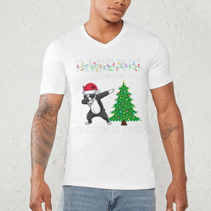 Boston Terrier Santa Hat Dabbing Around The Christmas Tree Men's V-Neck T-Shirt, novelty gifts, funny gifts
