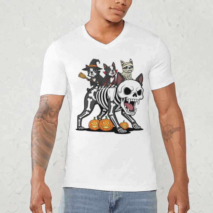 Boston Terrier Skeleton Mummy Witch Halloween Men's V-Neck T-Shirt, novelty gifts, funny gifts