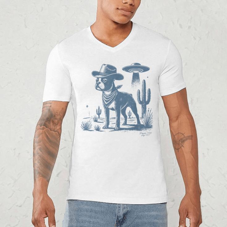 Boston Terrier UFO Cowboy Dog Dog Mom Dog Dad Alien Dog Men's V-Neck T-Shirt, novelty gifts, funny gifts
