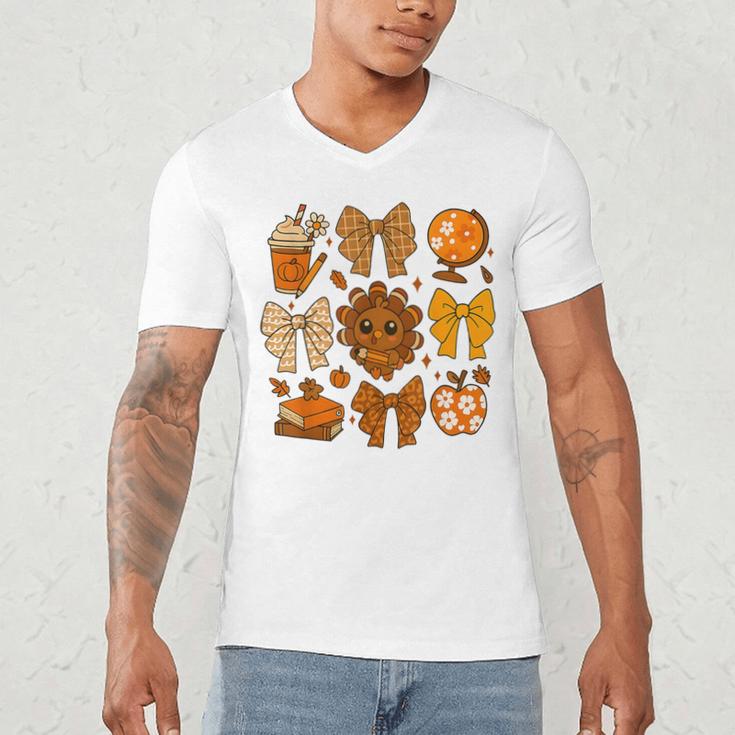 Coquette Teach Teacher Bows Thanksgiving Turkey Fall Autumn Men's V-Neck T-Shirt, novelty gifts, funny gifts