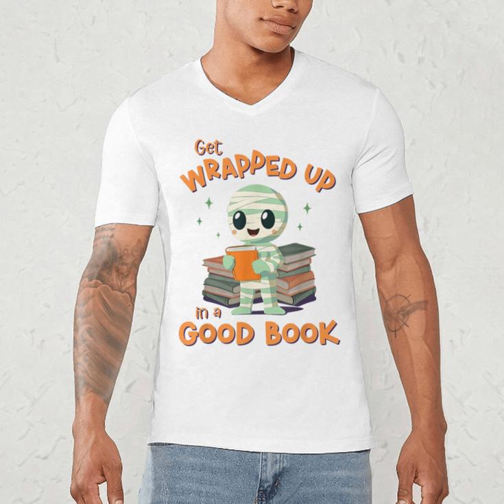 Cute Halloween Teacher Librarian Mummy Reading Books Men's V-Neck T-Shirt, novelty gifts, funny gifts