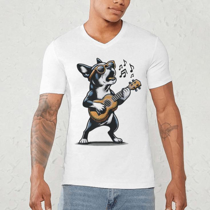 Dog Playing Guitar Singing Boston Terrier For Men Women Girls Kids Men's V-Neck T-Shirt, novelty gifts, funny gifts