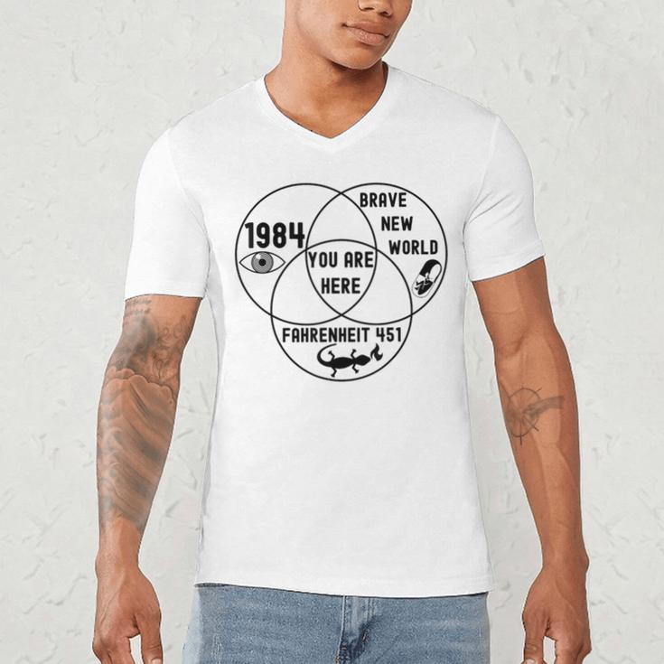 You Are Here Dystopian Venn Diagram English Teacher Bk Men's V-Neck T-Shirt, novelty gifts, funny gifts You Are Here Dystopian Venn Diagram English Teacher Bk Men's V-Neck T-Shirt, novelty gifts, funny gifts