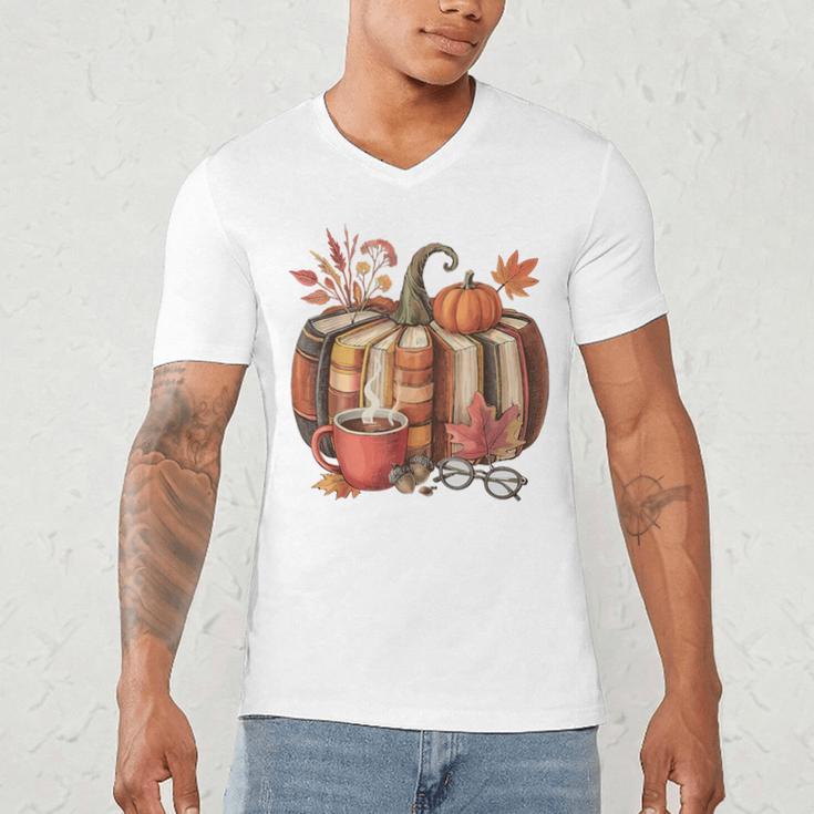 Fall Book Pumpkin Retro Reading Halloween Teacher Men's V-Neck T-Shirt, novelty gifts, funny gifts