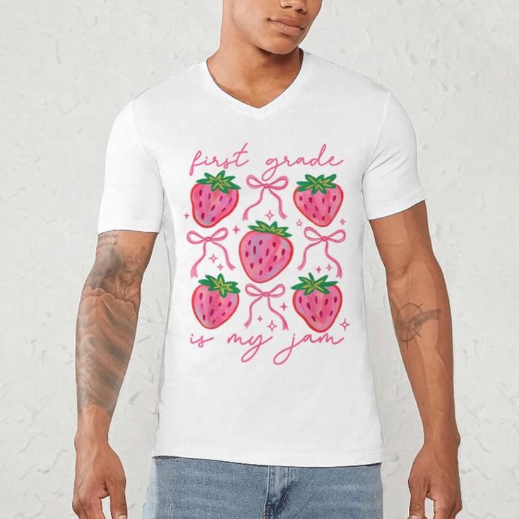First Grade Is My Jam Strawberry First Grade Teacher Women Men's V-Neck T-Shirt, novelty gifts, funny gifts First Grade Is My Jam Strawberry First Grade Teacher Women Men's V-Neck T-Shirt, novelty gifts, funny gifts