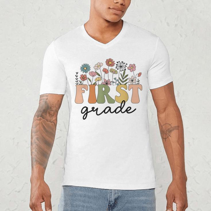 First Grade Teacher Wildflower Back To School Floral Outfits Men's V-Neck T-Shirt, novelty gifts, funny gifts First Grade Teacher Wildflower Back To School Floral Outfits Men's V-Neck T-Shirt, novelty gifts, funny gifts