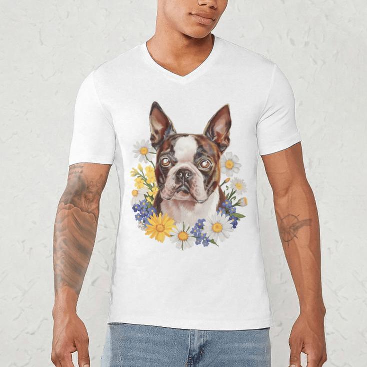 Floral Boston Terrier Men's V-Neck T-Shirt, novelty gifts, funny gifts