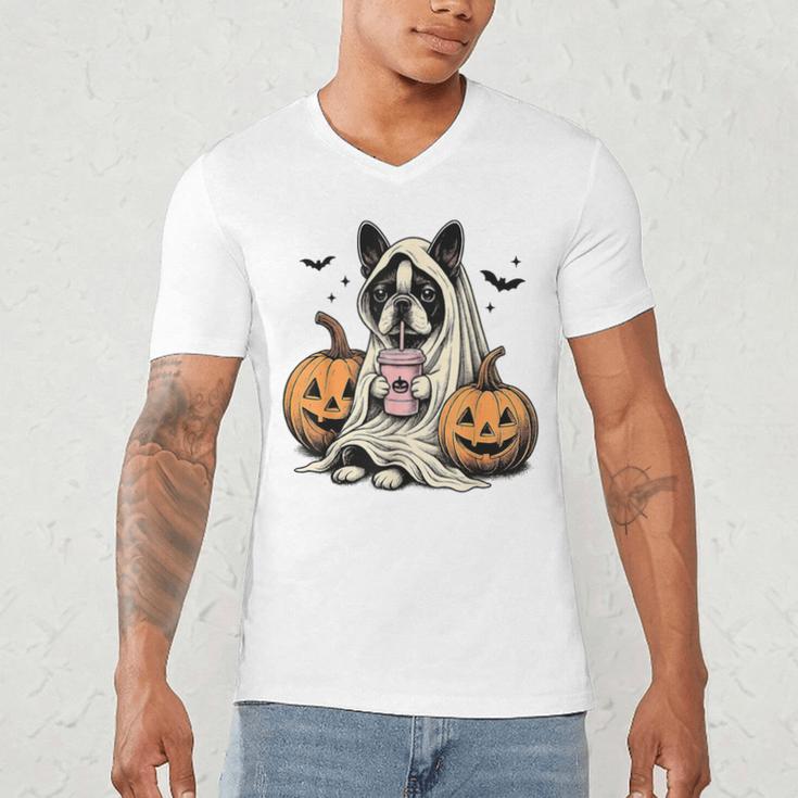 Halloween Boston Terrier Ghost Men's V-Neck T-Shirt, novelty gifts, funny gifts