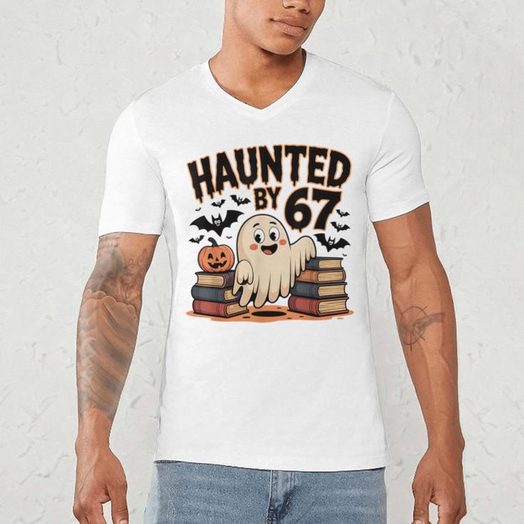 Haunted By 67 Teacher Ghost Pumpkin Halloween Costum Men's V-Neck T-Shirt, novelty gifts, funny gifts
