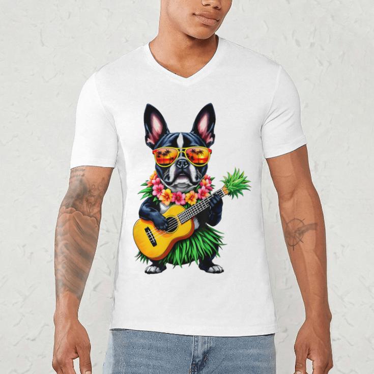 Hawaiian Boston Terrier & Pineapple Ukulele Summer Vacation Men's V-Neck T-Shirt, novelty gifts, funny gifts
