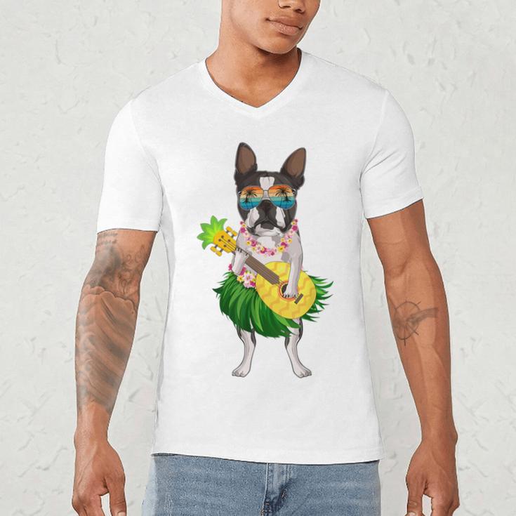 Hawaiian Boston Terrier Dog Pineapple Ukulele Summer For Men Women Girls Kids Men's V-Neck T-Shirt, novelty gifts, funny gifts
