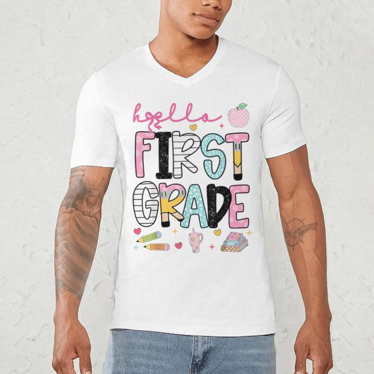 Hello First Grade Teacher Coquette Pencil Bow Back To School Men's V-Neck T-Shirt, novelty gifts, funny gifts