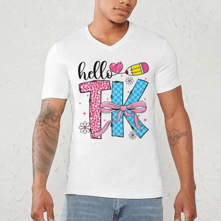 Hello TK Transitional Kindergarten Back To School Teacher Men's V-Neck T-Shirt, novelty gifts, funny gifts Hello TK Transitional Kindergarten Back To School Teacher Men's V-Neck T-Shirt, novelty gifts, funny gifts