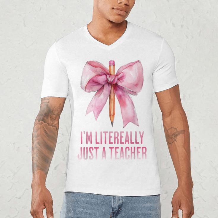 I'm Literally Just a Teacher Pencil Coquette Bow School Men's V-Neck T-Shirt, novelty gifts, funny gifts I'm Literally Just a Teacher Pencil Coquette Bow School Men's V-Neck T-Shirt, novelty gifts, funny gifts