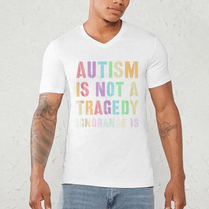 Kids AUTISM IS NOT A TRAGEDY IGNORANCE IS Proud Teacher Crew Men's V-Neck T-Shirt, novelty gifts, funny gifts