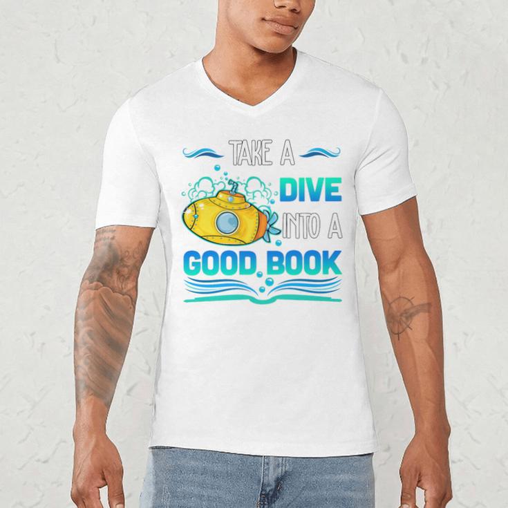 Librarian Teacher Dive Into A Good Book Reading Premium Tri-Blend Men's V-Neck T-Shirt, novelty gifts, funny gifts